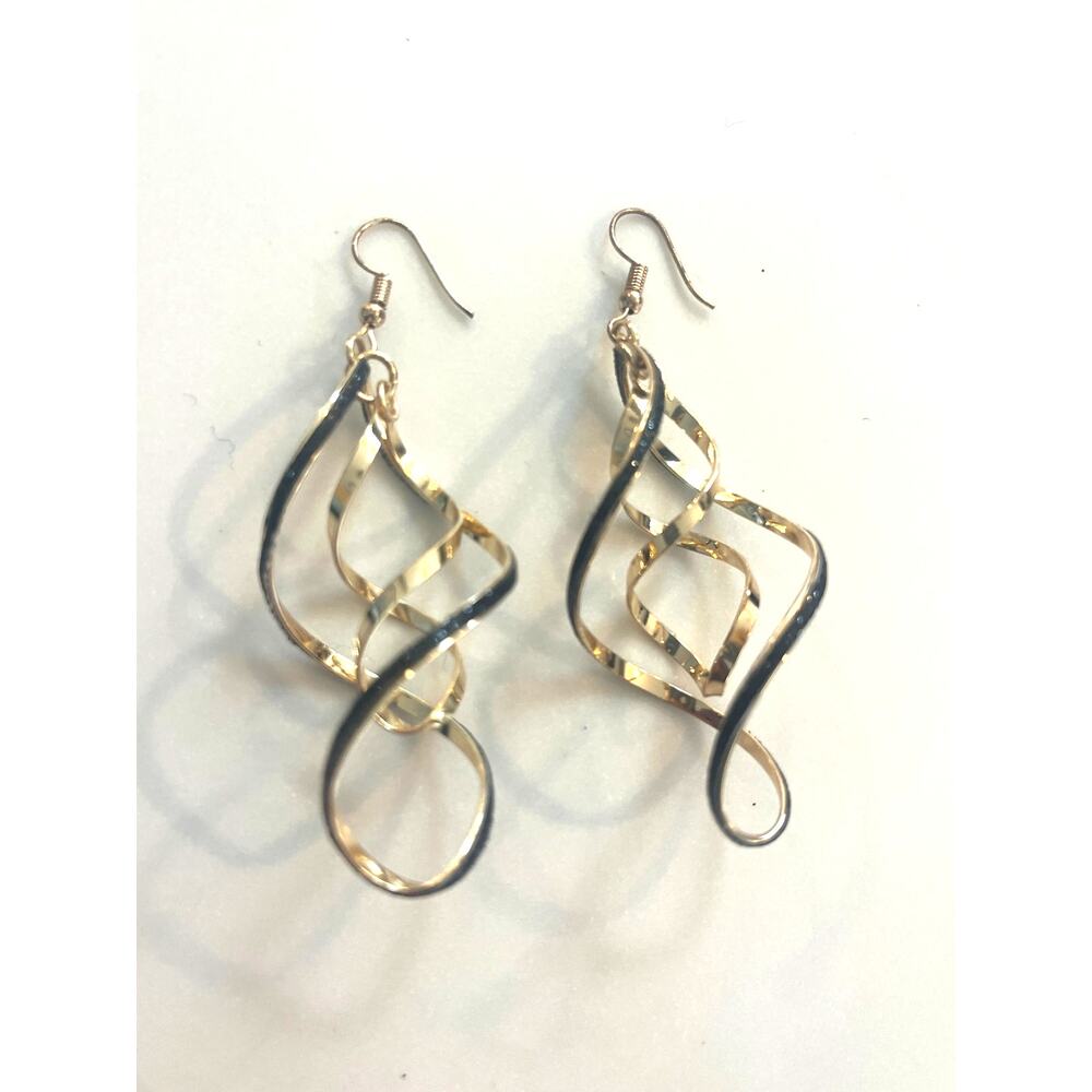 Black and Gold Double Spiral 3" Womens' Dangle Earrings